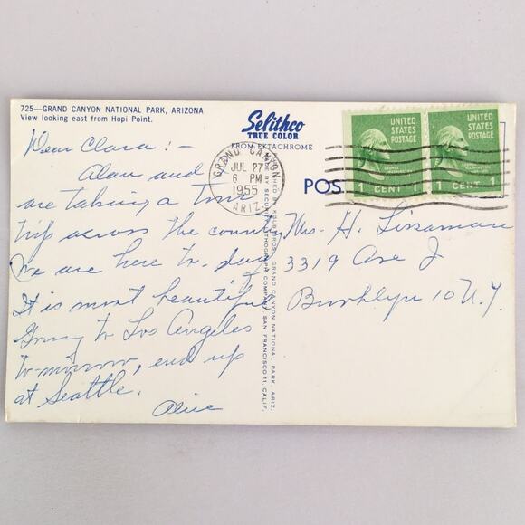 Grand Canyon National Park Arizona 1950s Postcard 1955 PC AZ Hopi Point - Picture 2 of 2